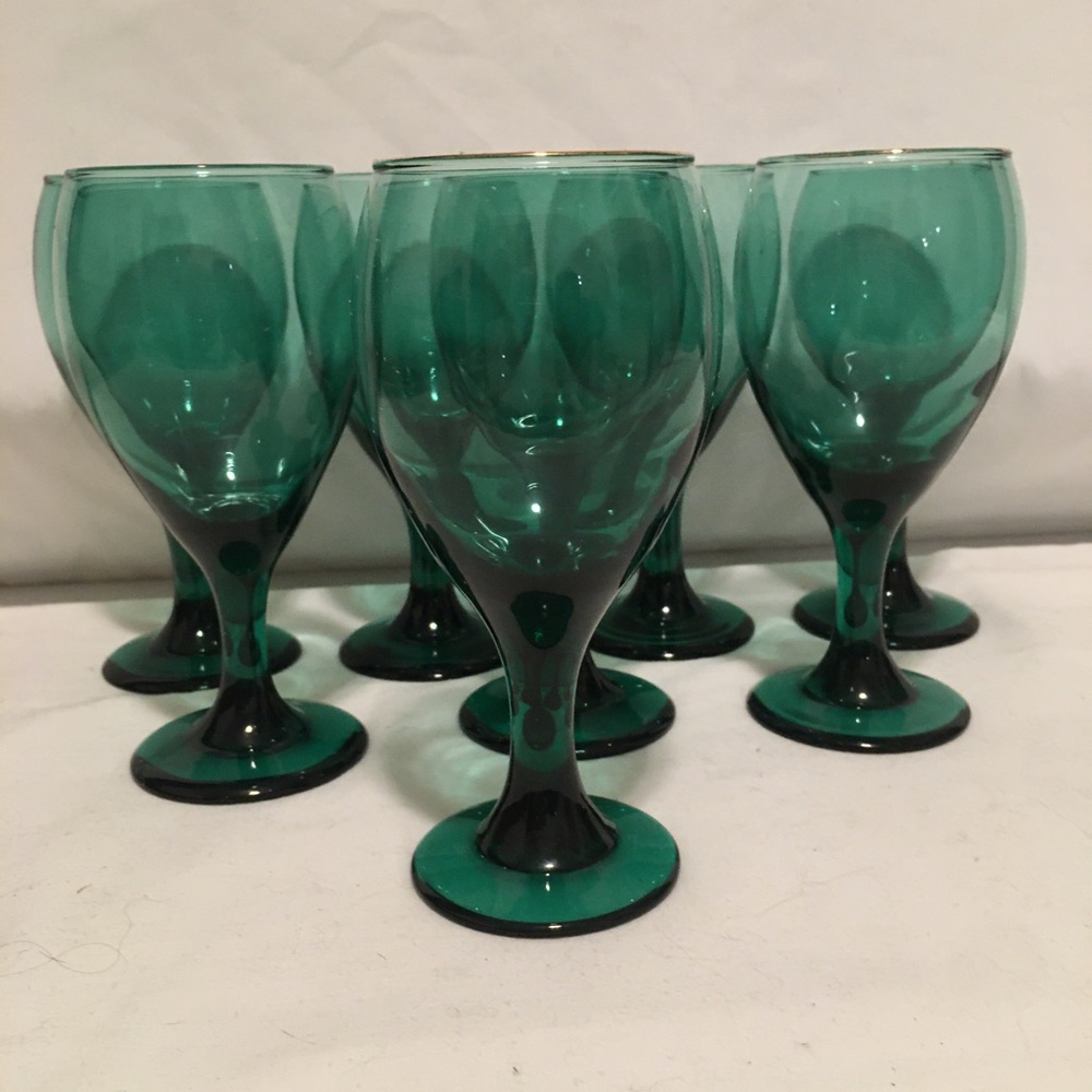 Elegant Dark Green Wine or Water Goblets with Gold Trim
